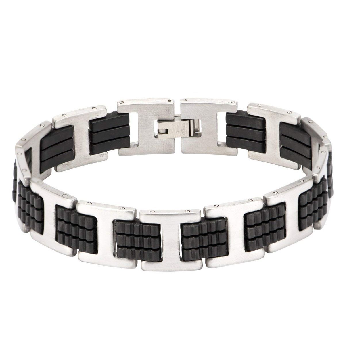 Stylish Rubber 316L Stainless Steel Black Silver Bracelet Men