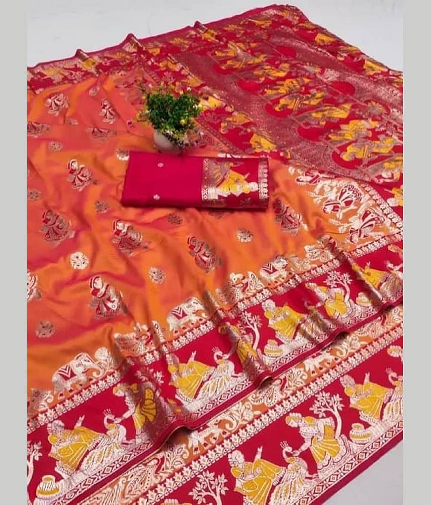 Indesa Art Silk Solid Baluchari Saree With Unstitched Blouse Piece ( Orange )