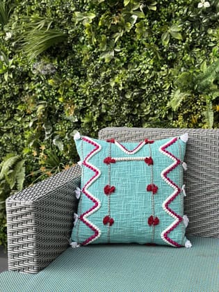 KRI India Dori Beryl Slub Tasselled Cushion Cover|18x18 inches | Berylline with pink & white dori work  | Wash & Care | 100% Cotton | Handcrafted in India. 100% organic & natural.