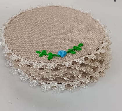 Laxmi Creations Hand-Embroidered Jute Coaster Set | 6" Round Coasters with Lace | Set of 6 | Eco-Friendly Table Décor