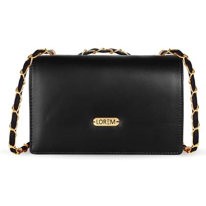 LOREM Faux Leather Handbag, Chain Strap, Magnetic Lock, Black