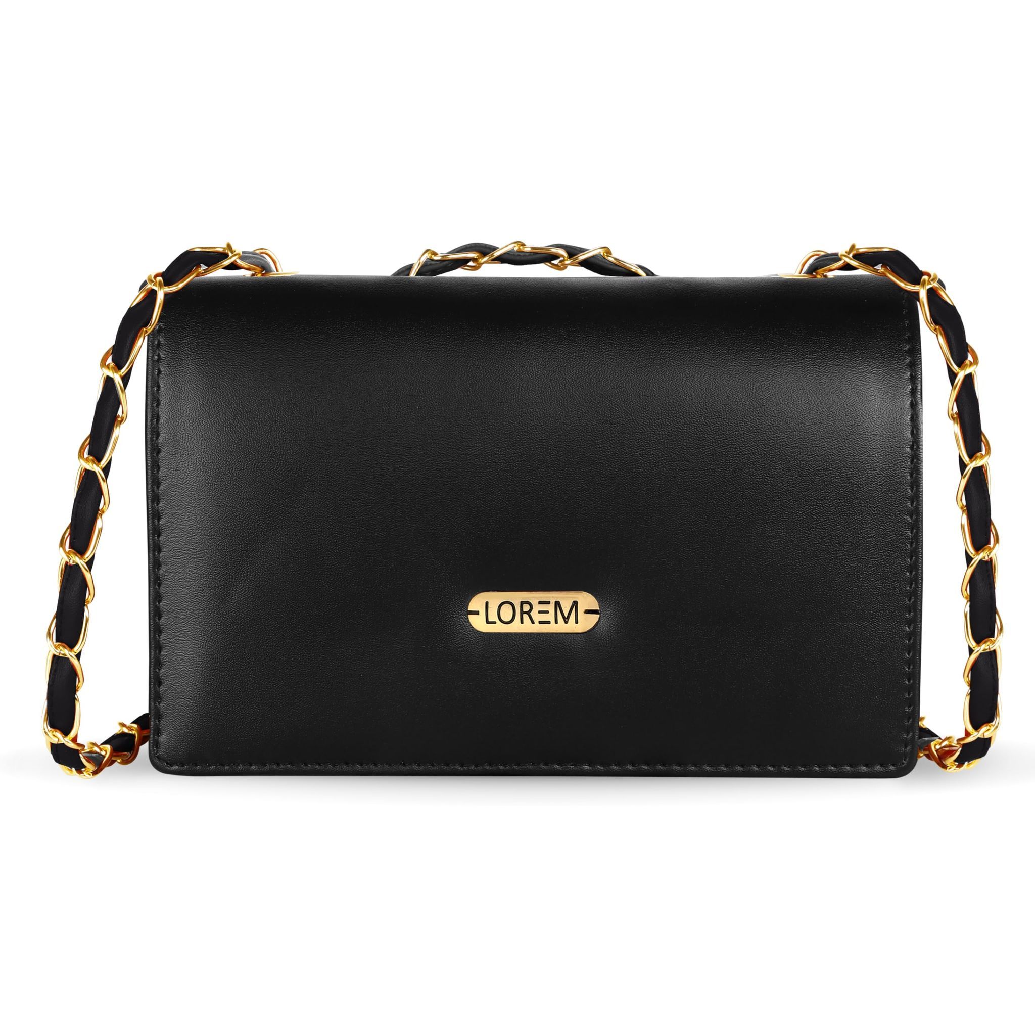 LOREM Faux Leather Handbag, Chain Strap, Magnetic Lock, Black