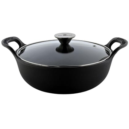 TRILONIUM Triple Seasoned Cast Iron CrockWok Kadhai 30 cms, 3.7 kgs with Lid