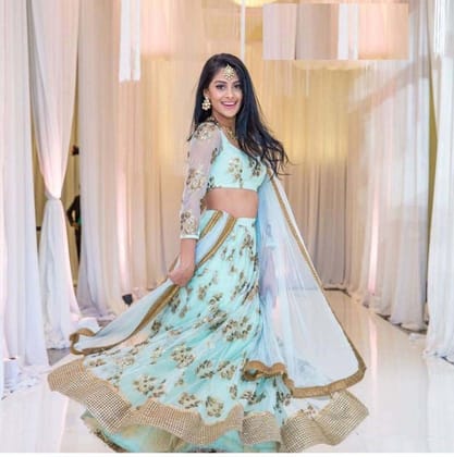 Wedding Wear Designer Sky Blue Color Embroidered Semi Stitched Lahenga Choli