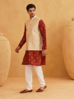 Men's Silk Blend Maroon Kurta Pyjama & Beige Embroiderd Nehrujacket-38