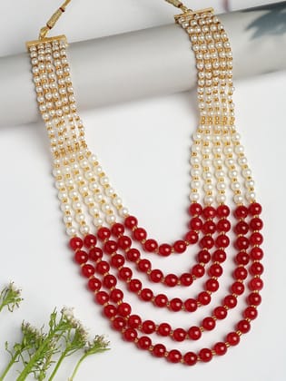 NVR Women Handcrafted Red & White Beaded Layered Necklace-One Size / Red / Alloy