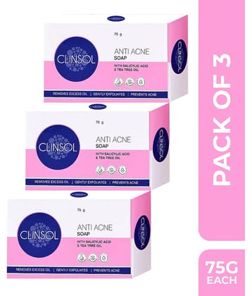 Clinsol Anti Acne Bathing Soap with Tea Tree Oil & BHA for Body Oil, Acne & Dark Spots (3 x 75 g)