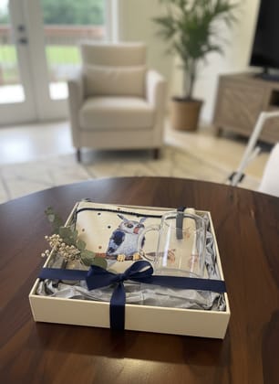 Ivvory Artisan Owl Theme Gift Set (2 Pieces) | Glass Coffee Mug & Hand Embroidered Pouch (25x18cm) | Wise Bird Decor