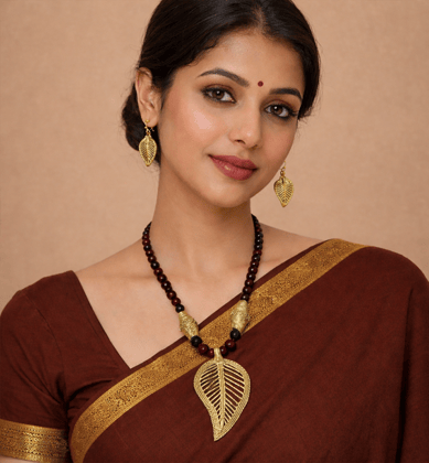 Handcrafted Bhareva Bell Metal Leaf Pendant Necklace Set
