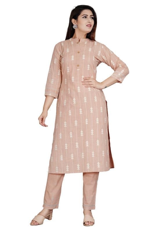 Women's Casual 3/4 Sleeve Printed Rayon Kurti With Pant Set (Beige, XL)-PID47172