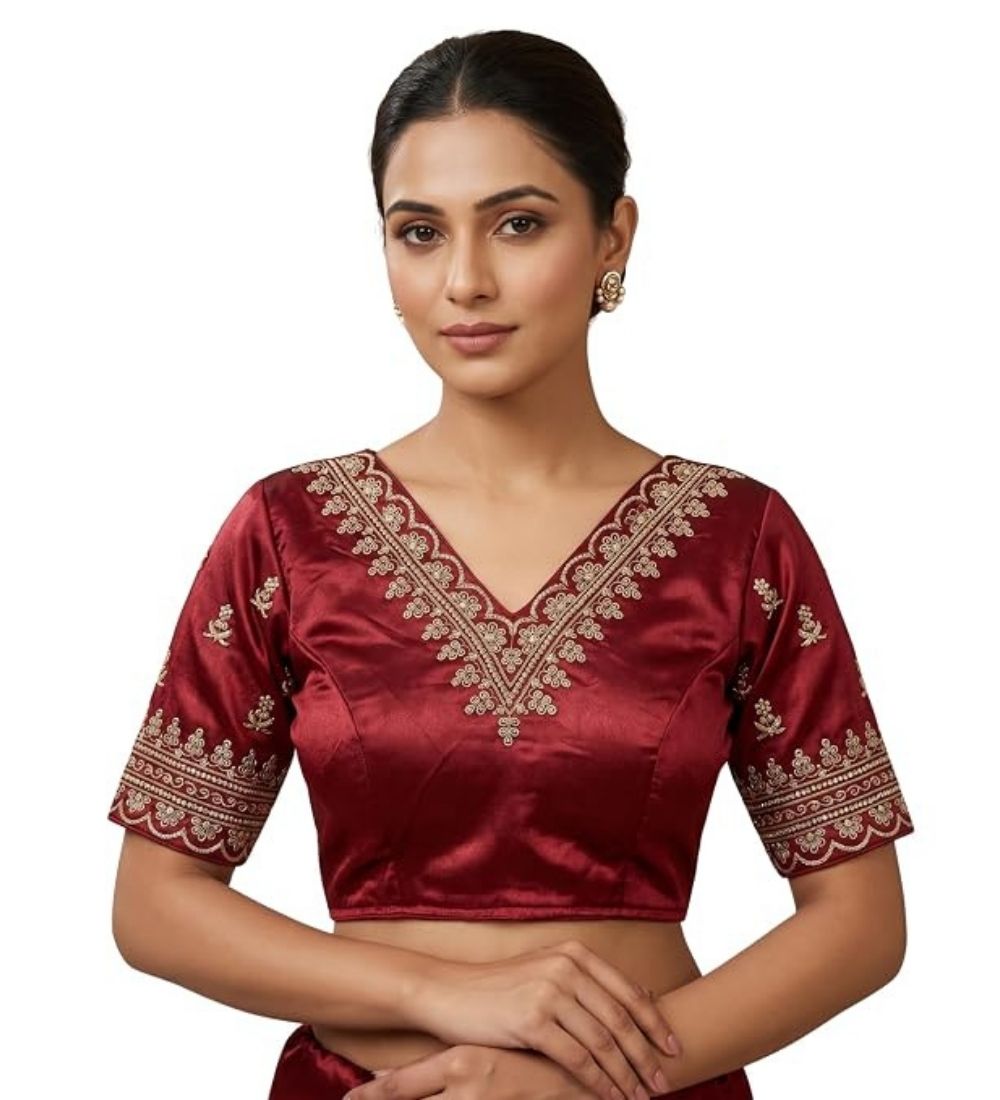 Women's Satin Embroidered Half sleeve V-Neck Padded Readymade Blouse (Maroon, Size 38 - Self-Alterable 36โ40)