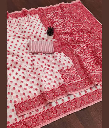 IndShopMart Cotton Blend Woven Banarasi saree With Unstitched Blouse Piece ( White,Red )