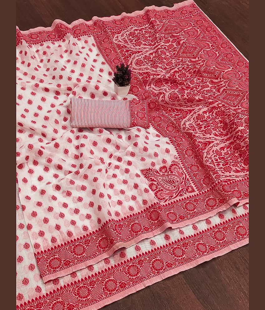 IndShopMart Cotton Blend Woven Banarasi saree With Unstitched Blouse Piece ( White,Red )