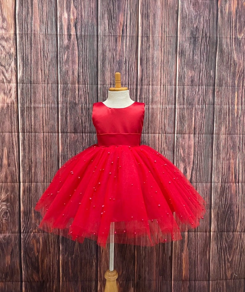Red Baby Kids Pearls Design V-Back Party Dress - Vootbuy | 3 Years