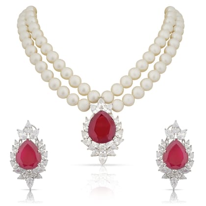 Kaheesha - Pearl & Ruby Stone Necklace Set-Ruby