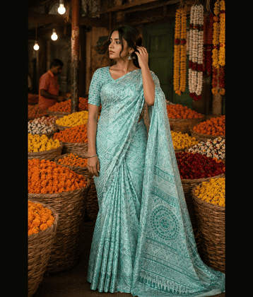 JIHANA FAB Georgette Printed Banarasi saree With Unstitched Blouse Piece ( Multicolor )
