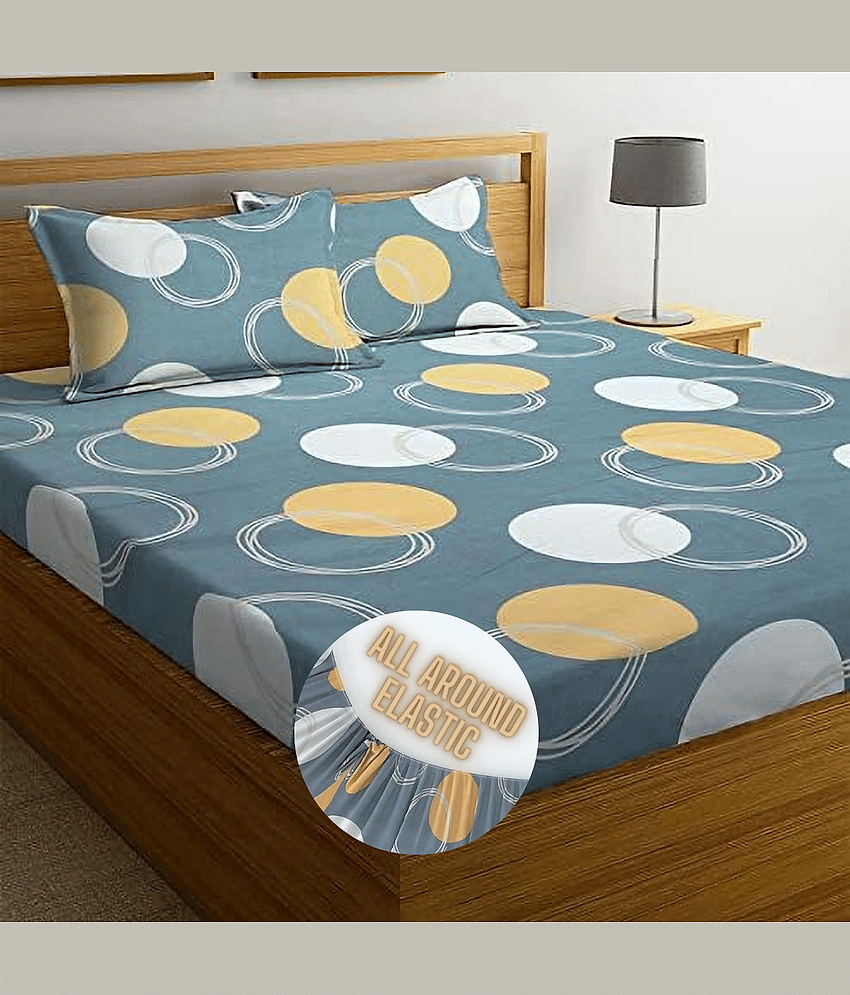 Apala Microfibre Abstract Printed Fitted Double Bedsheet With 2 Pillow Covers- Gray