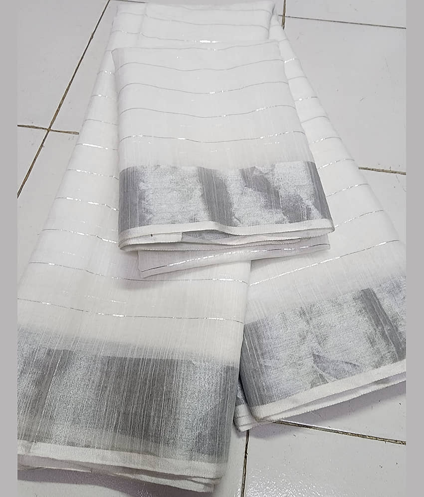 BAYUPRI Cotton Silk Striped Saree With Unstitched Blouse Piece ( White,Grey )