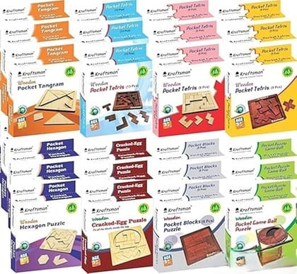 Braintastic Wooden Puzzle,Travel Board Game Learning & Creative Educational Intelligence Brain Games, Pack of 24(3x8 DIY) for Birthday Return Gifts Party Pack with Travel Pouch for All Age Group