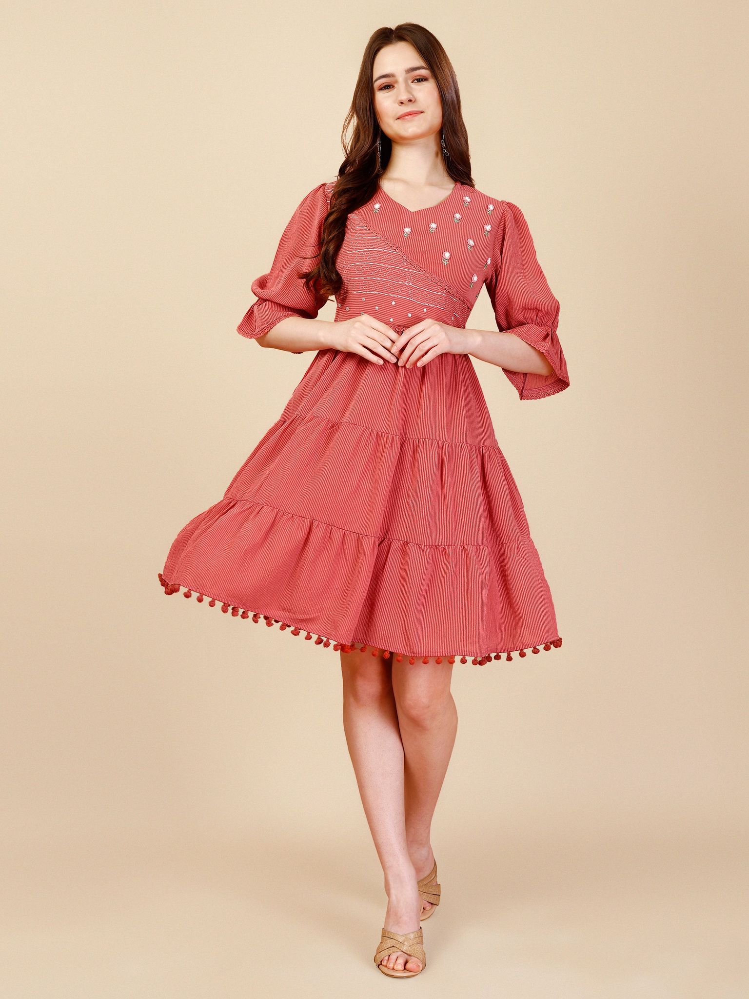 Coral Pink Georgette Round Neck Tunic-S