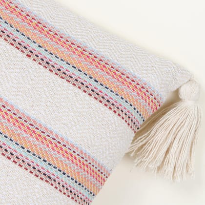 Hand Stitched Embroidery Cushion Cover | Handmade Off-White and Red Woven Tassel Pillow Cover | Rectangle Shape 14X20 Inches Cushion Cover Hand Stitched Embroidery Cushion Cover | Handmade Off-White and Red Woven Tassel Pillow Cover | Rectangle Shape 14X20 Inches Cushion Cover