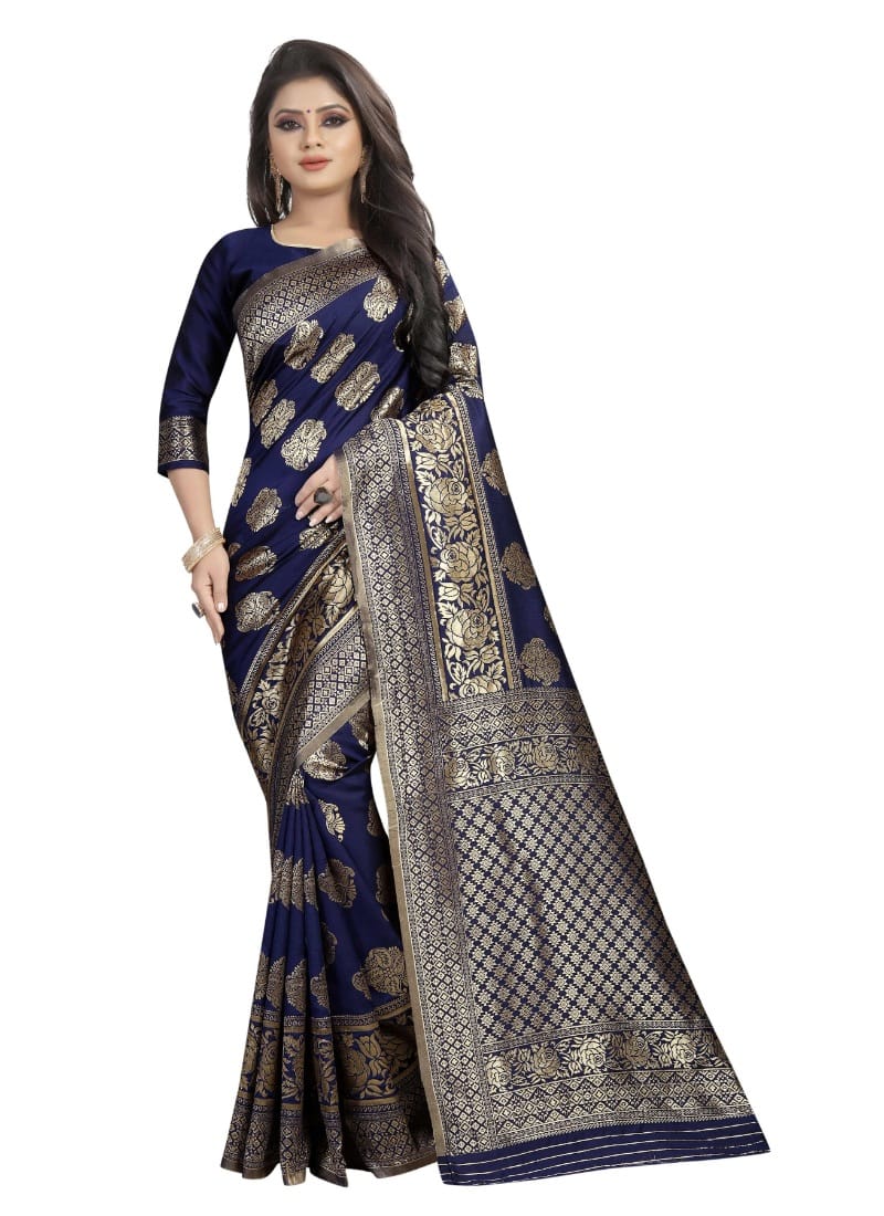 Generic Women's Kota Banarasi Silk Saree with Blouse (Navy Blue, 5 - 6 Mtrs)