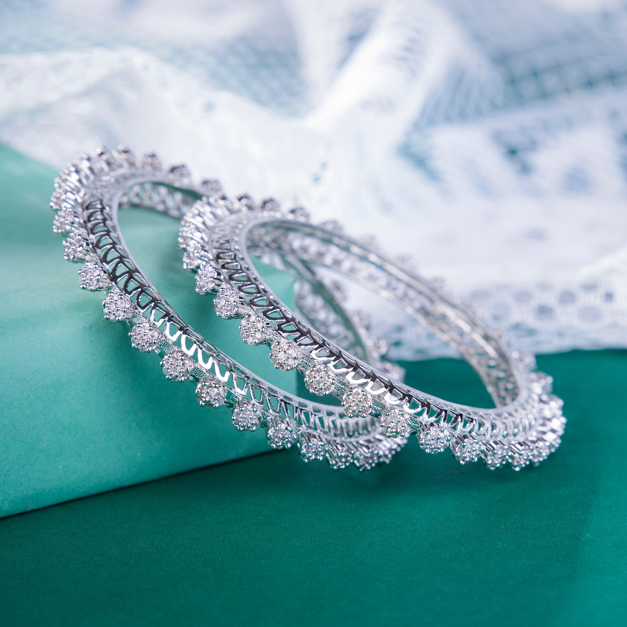 American Diamond Rhodium Pacheli Bangles Set (Pack of 2)-White / Rhodium / 2.6