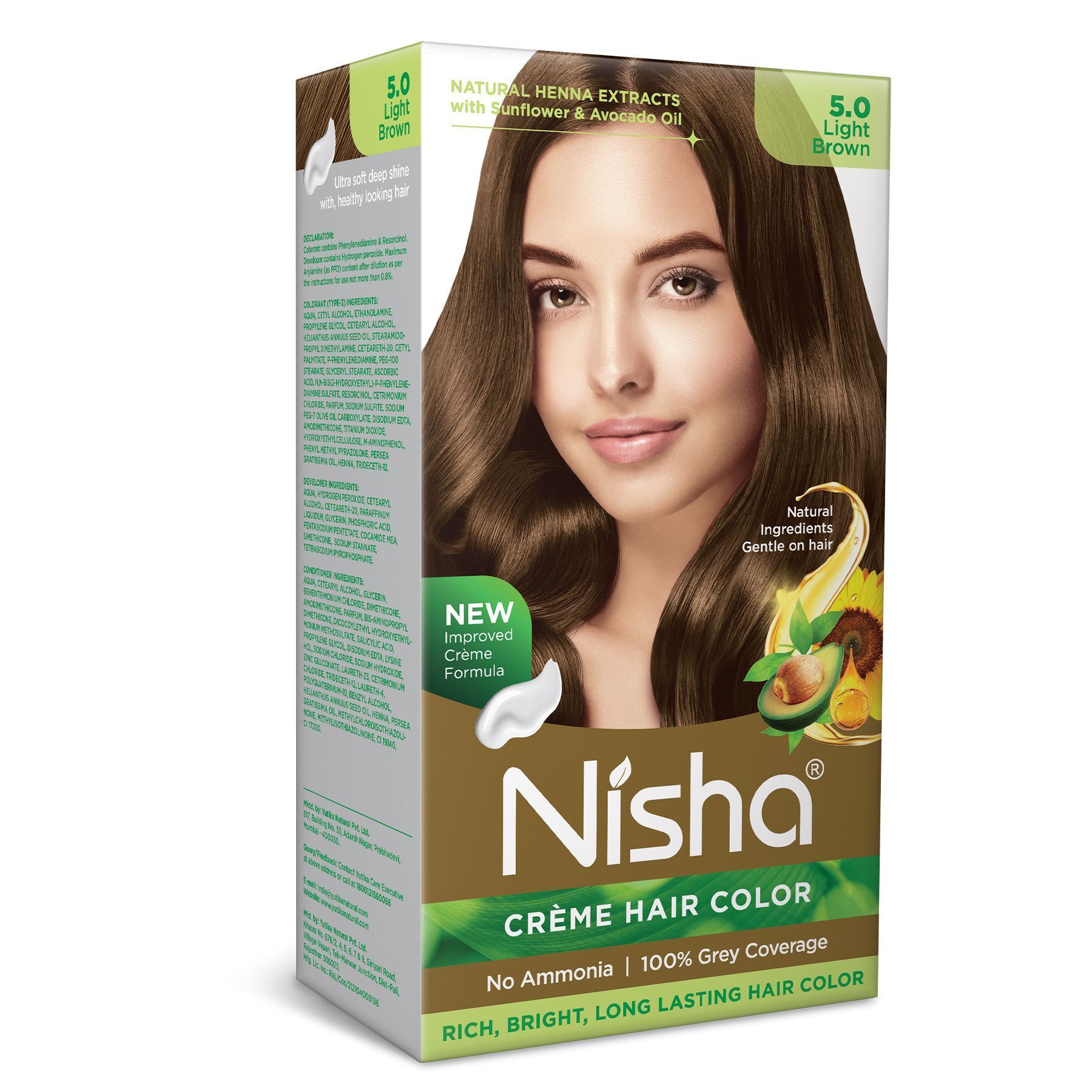 Nisha Creme Hair Color 5.0 Light Brown 120g, Permanent Hair Color for Women Men, Ammonia Free Hair Colour