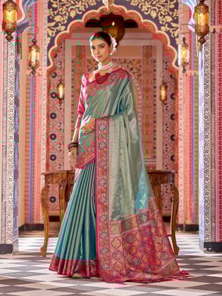 Rama Zari Tissue Solid Banarasi Silk Woven Jacquard Work Designer Saree