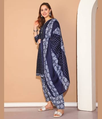 wonder weave Women Cotton Blend Printed Straight Kurti With Patiala Salwar ( Blue )