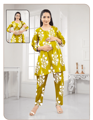 Women's Yellow Printed Maternity And Feeding Co-Ordinates Set-5152 YLW / Yellow / L