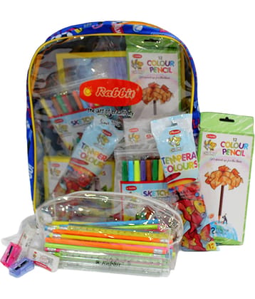 Rabbit Champions Stationery Kit – 50 Neon Rubber Tip Pencils, Jumbo Sharpener & Eraser, 5 Scales, Colour Pencils, Sketch Pens, Wax Crayons, Tempera Colours, Pouch, Bag & Drawing Book