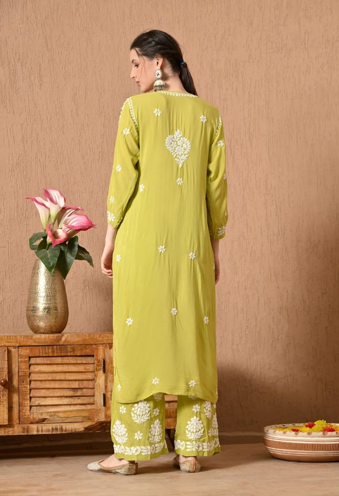 Hand Embroidered Chikankari Modal Plazo Set with 3D Floral Work-Sea Green