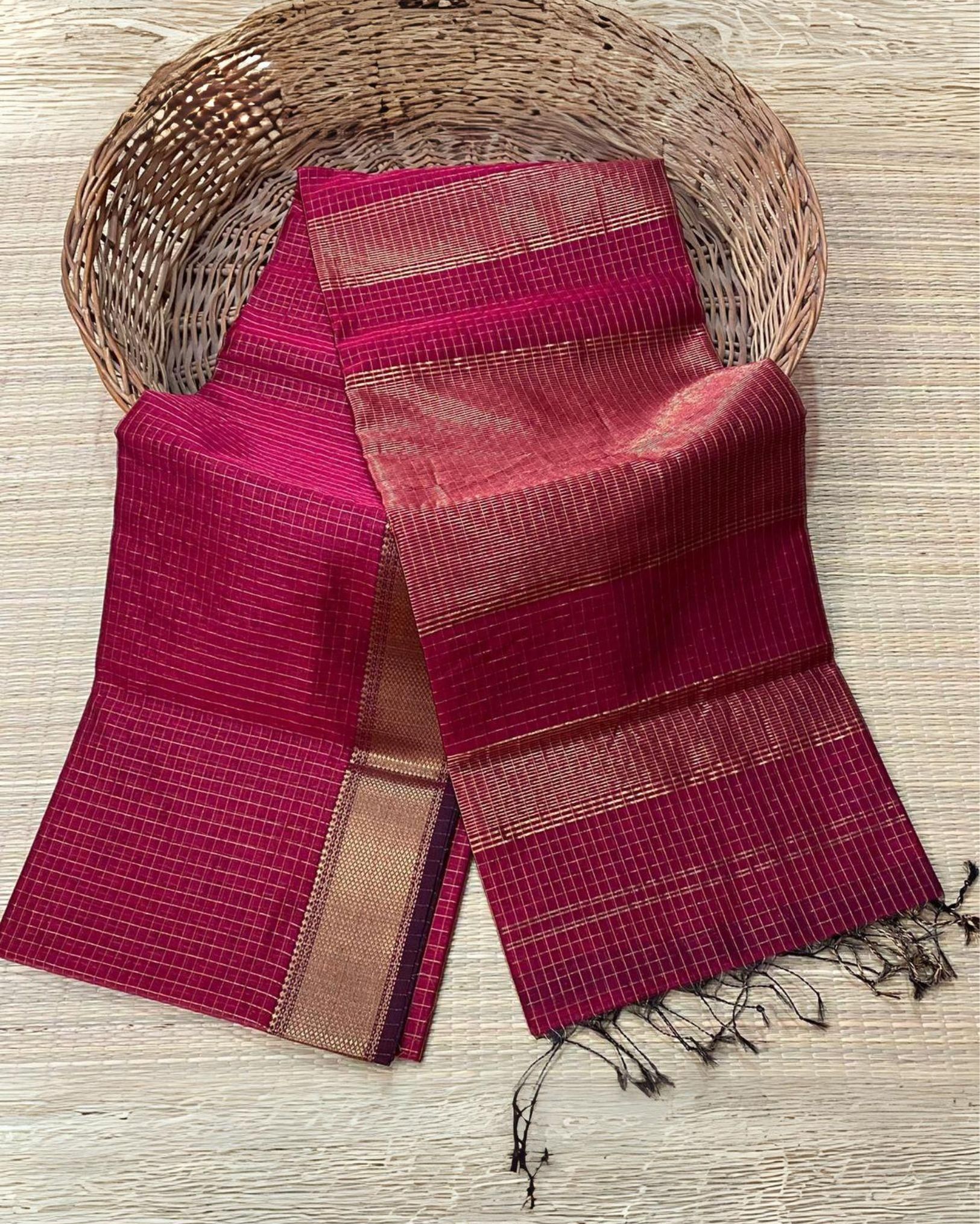 Poetic Maheshwari Pure Silk Check Body Burgundy Saree
