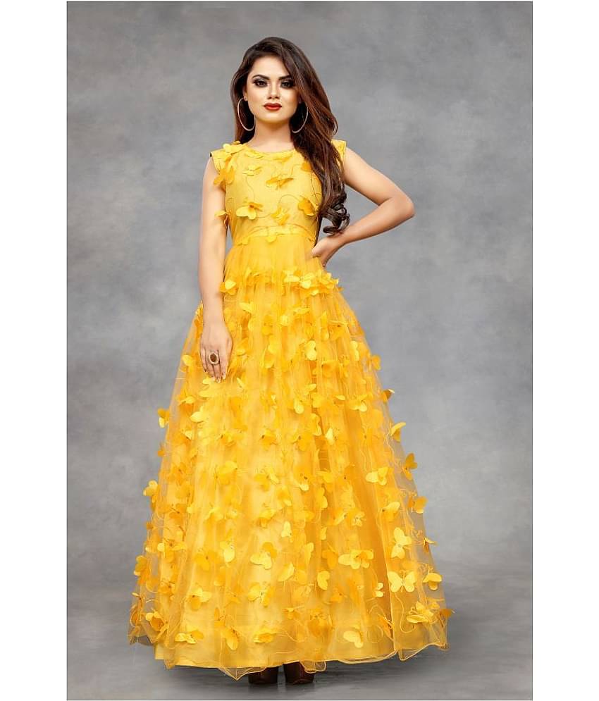 Aika Yellow Net Ethnic Gown - Single