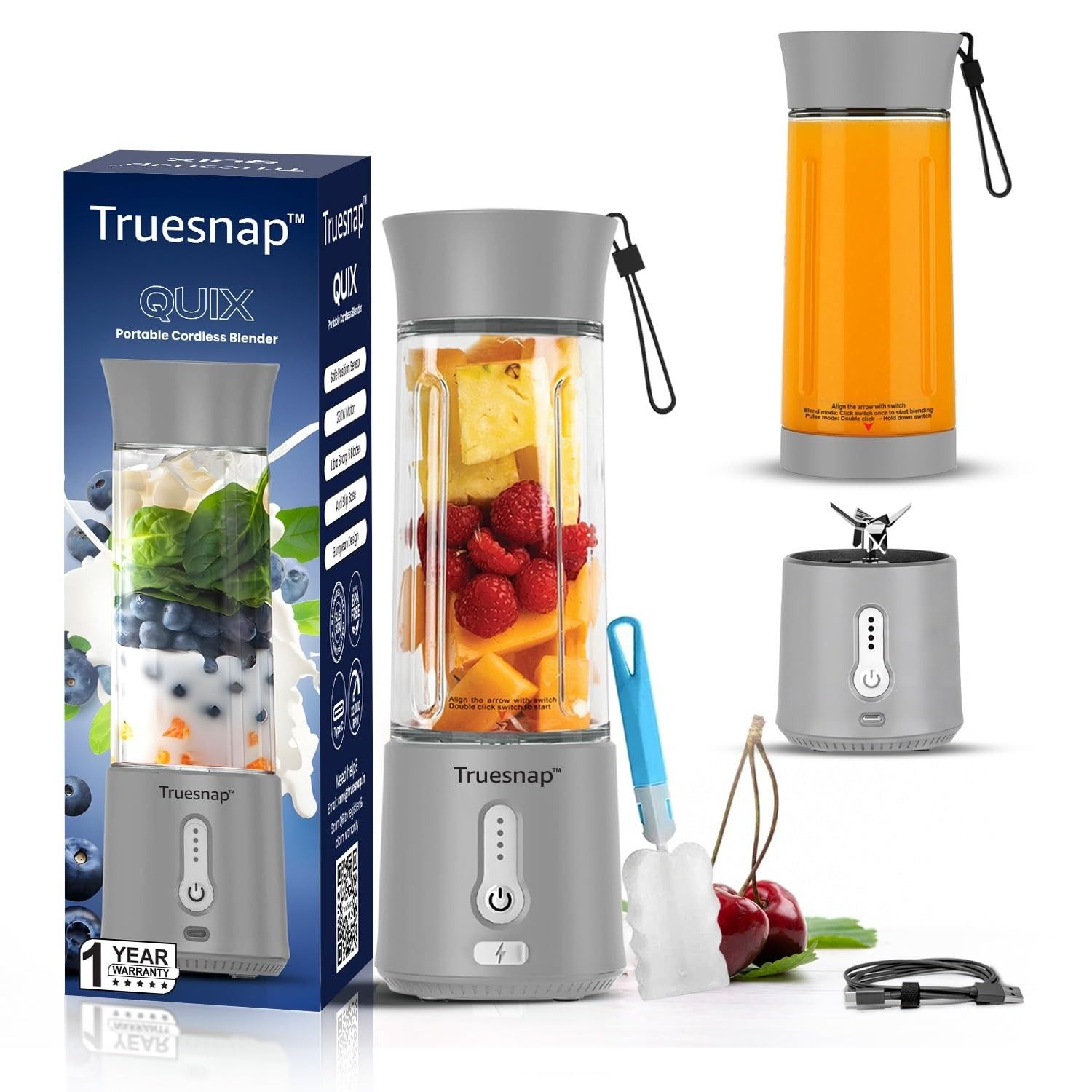 Truesnap ISI Approved Quix  Pro Portable Blender 500ml, USB Juicer, 230W Motor, 6 SS Blades for Smoothies & Shakes - Grey