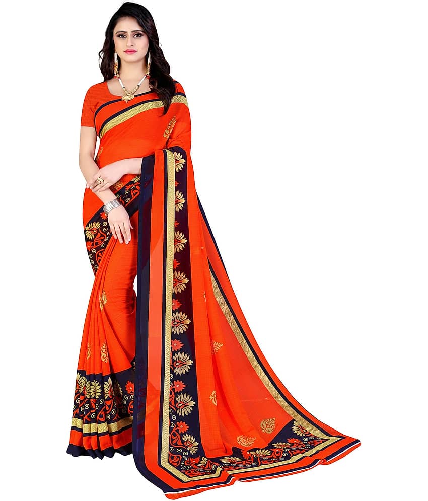 LEELAVATI Georgette Printed Saree With Unstitched Blouse Piece ( Orange )