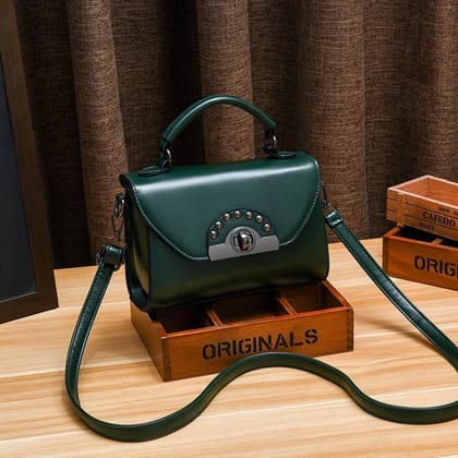 WOMEN VINTAGE STITCHING RIVET DECORATIVE FLAP SADDLE BAG