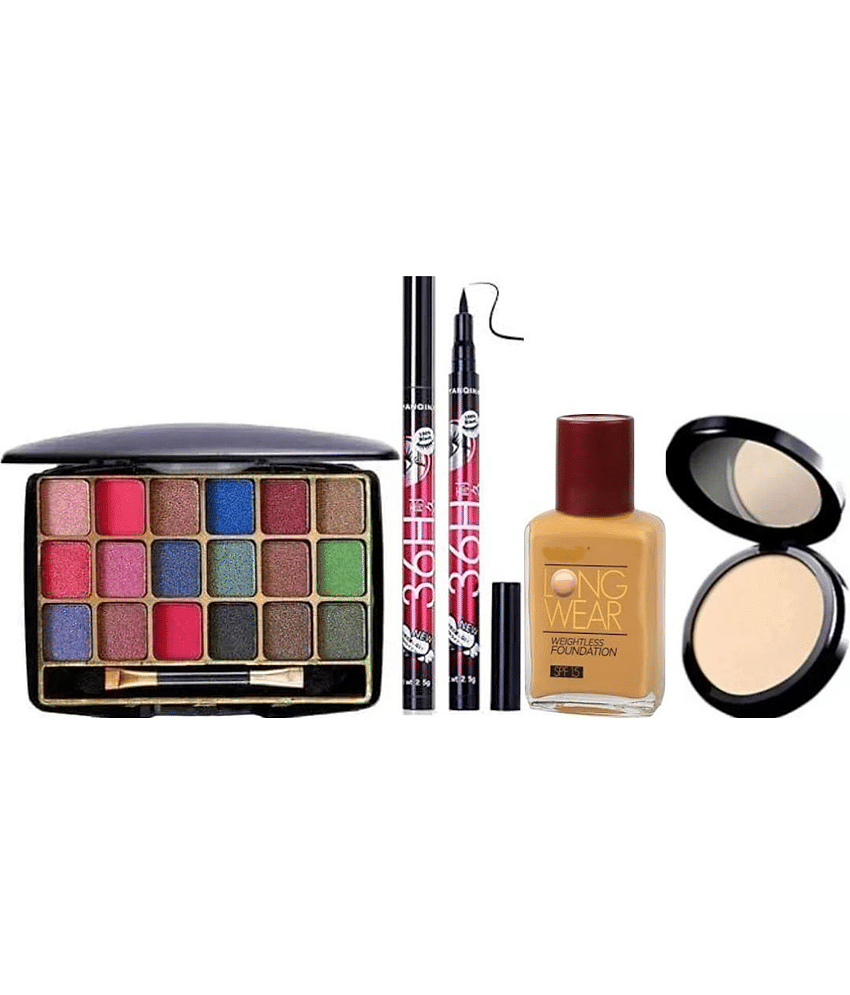 Swenky 18 Color Shimmer Eyehadow With Long-Wear Compact Foundation & Waterproof Eyeliner (Pack of 5)