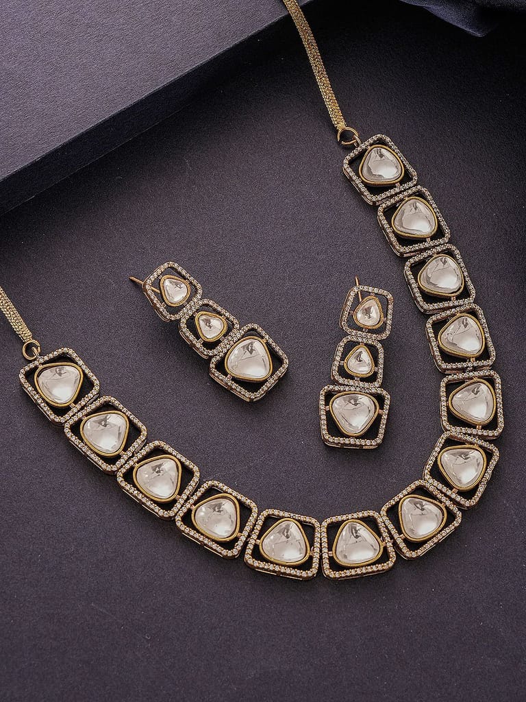 Gold-Toned Kundan Polki Square Motif Statement Necklace and Earrings Set - Jewellery Sets | Buy online on ZillyBuy
