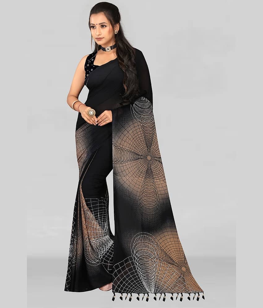 LEELAVATI Georgette Embroidered Saree With Unstitched Blouse Piece ( Black )