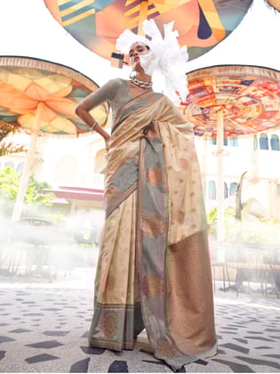 Beige Pure Katan Silk Banarasi Weaving Saree