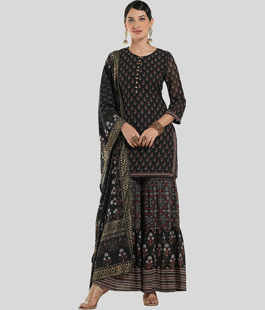 Juniper - Black Straight Georgette Women's Stitched Salwar Suit ( Pack of 1 )