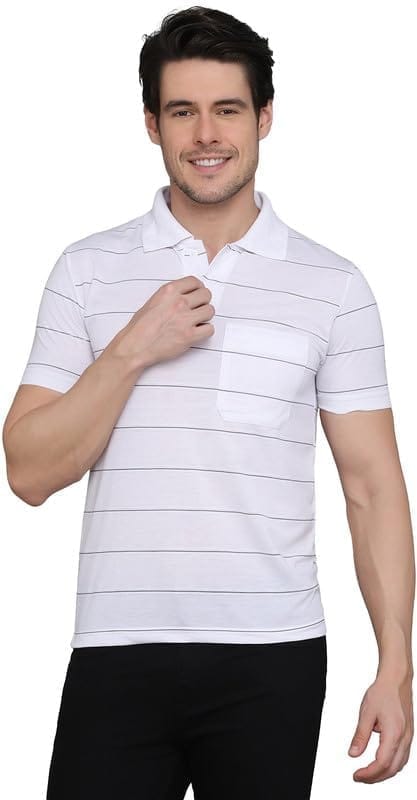 Men's Casual Half Sleeve Striped Cotton Blended Polo Neck T-Shirt (White, L)-PID47091