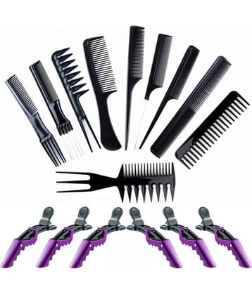Lenon Professional 10 Pcs black comb with 6 Pcs Crocodile Hair Clip Pack of 16
