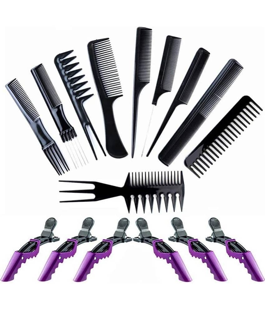 Lenon Professional 10 Pcs black comb with 6 Pcs Crocodile Hair Clip Pack of 16
