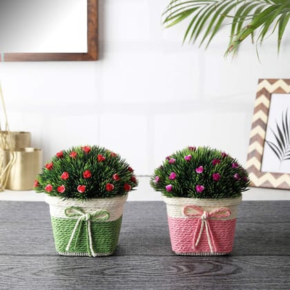 Foliyaj Combo of 2 Artificial Plant Bonsai Tree with Pot for Home Decor Living Room Office (13 cm x 13 cm x 15 cm, FYJ-C-PKGRSQ-RNDBUSHLPURREDFL)
