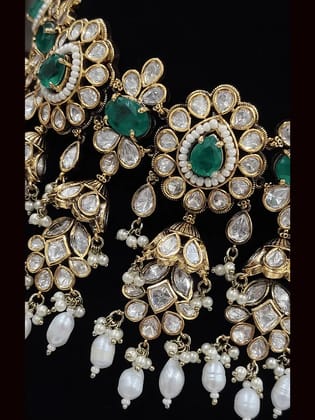 Tear drop and oval coloured stones kundan half jhoomki hangings antique gold finish set-Green