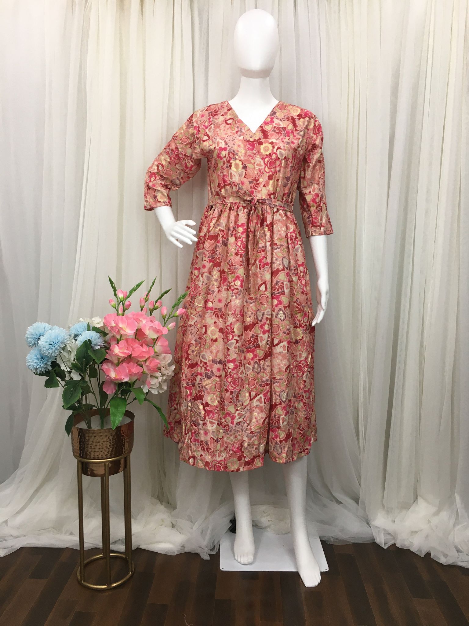 Red Pink White Flower   - Western Dress - Soft Rayon-32 - 34 ( 2XS - XS )