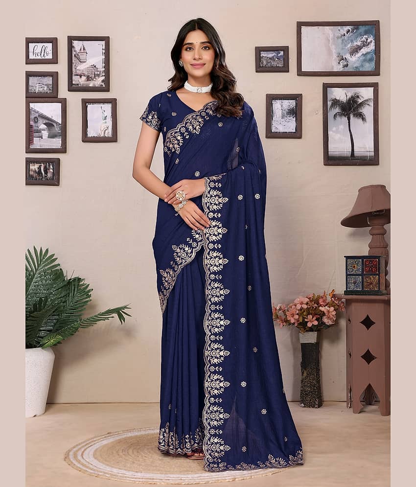 Vastukala Silk Embroidered Saree With Unstitched Blouse Piece ( Navy Blue )